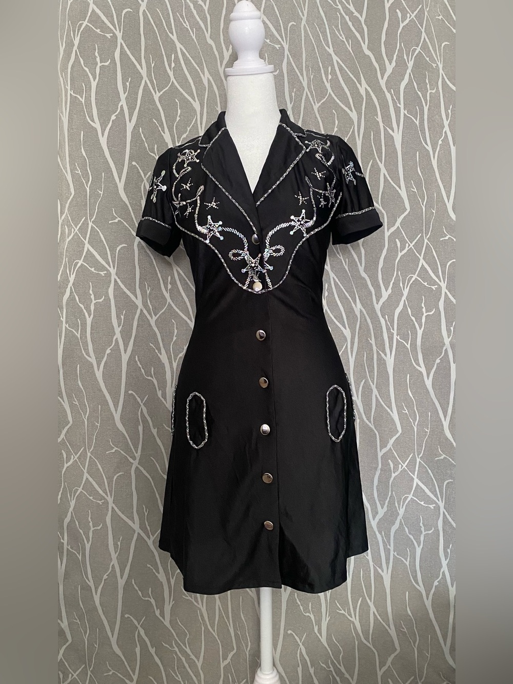 Dreamgirl Western Black Embellished Shirt Dress Mini Cowgirl Rodeo Small ***READ